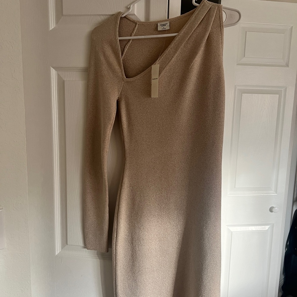 Light Beige Gold Sparkle Long Sleeve Mini / Midi Dress Abercrombie & Fitch